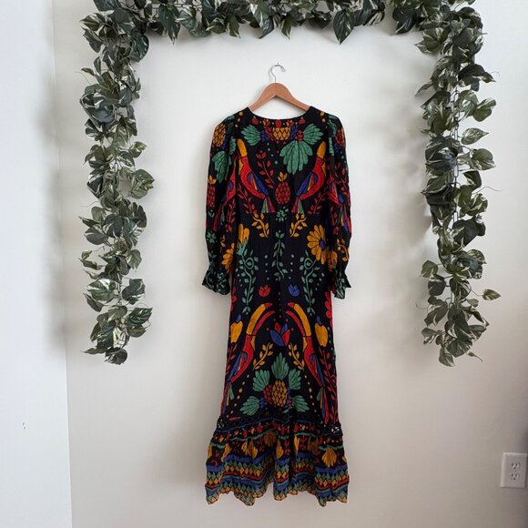 Farm Rio Georgette Long Sleeve Maxi Dress NWT Black Motif Women’s Size XS - Picture 2 of 12